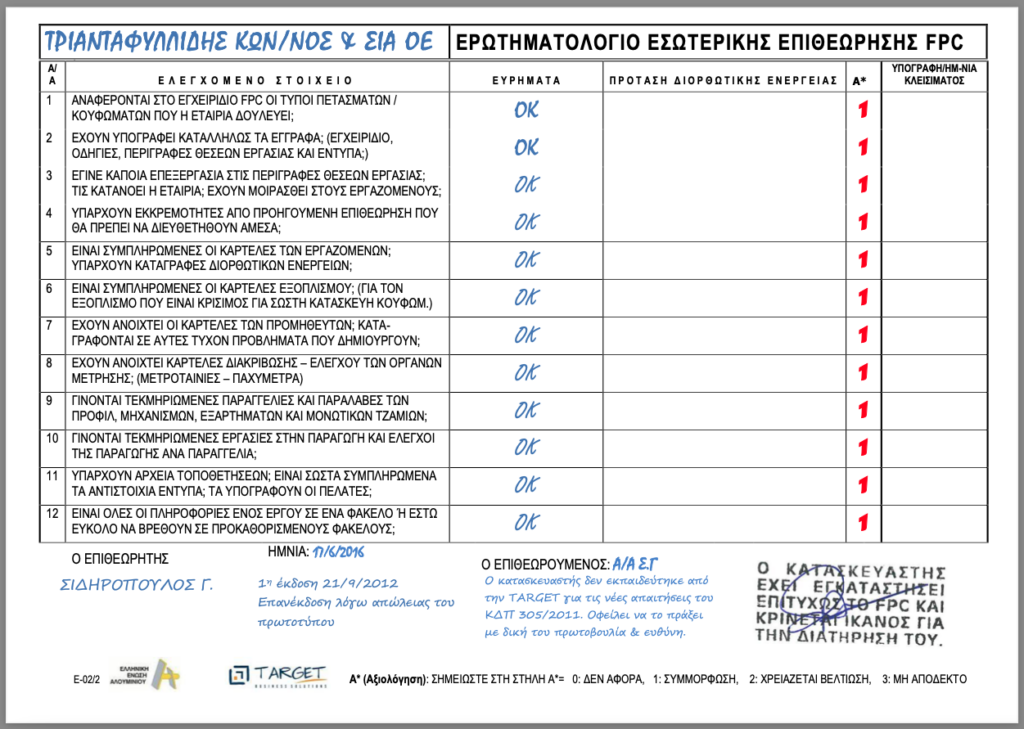 Eρωτηματολόγιο Πιστοποιητικό